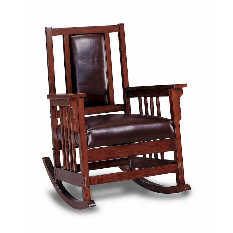 Fauteuil à bascule de style Mission, assise et dossier en cuir, tabac et marron foncé