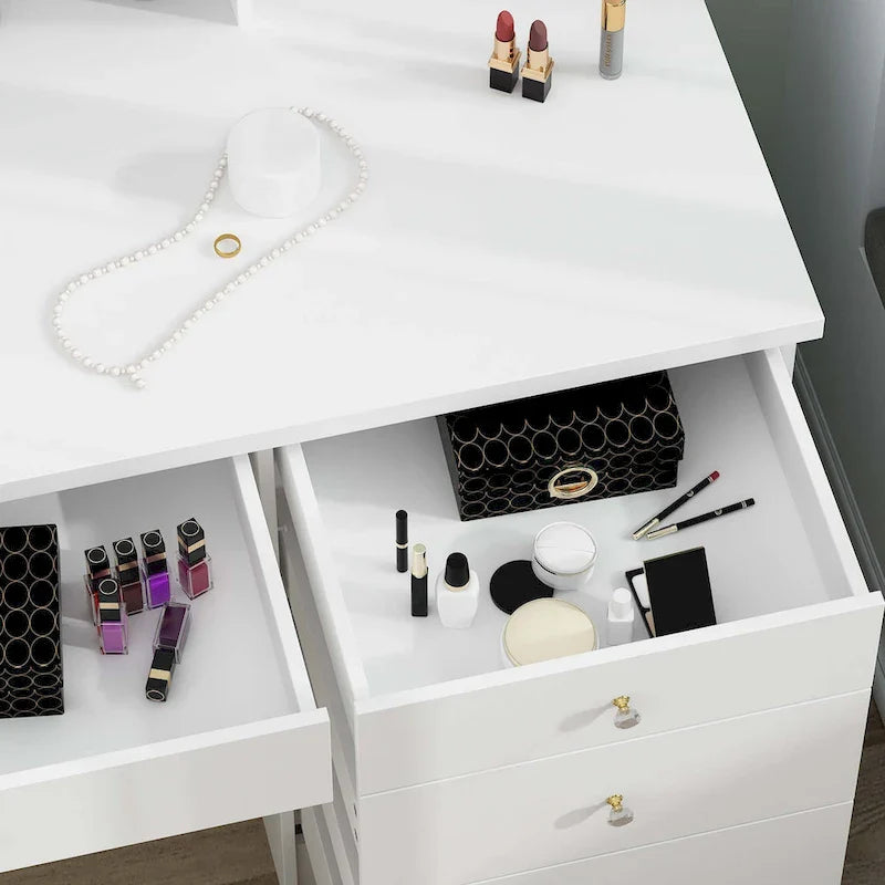 Coiffeuse Blanche avec Miroir LED et Tabouret - 100 cm de Large