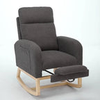 Fauteuil à bascule rembourré moderne de 75 cm de hauteur avec dossier haut, pieds en bois massif et repose-pieds réglable
