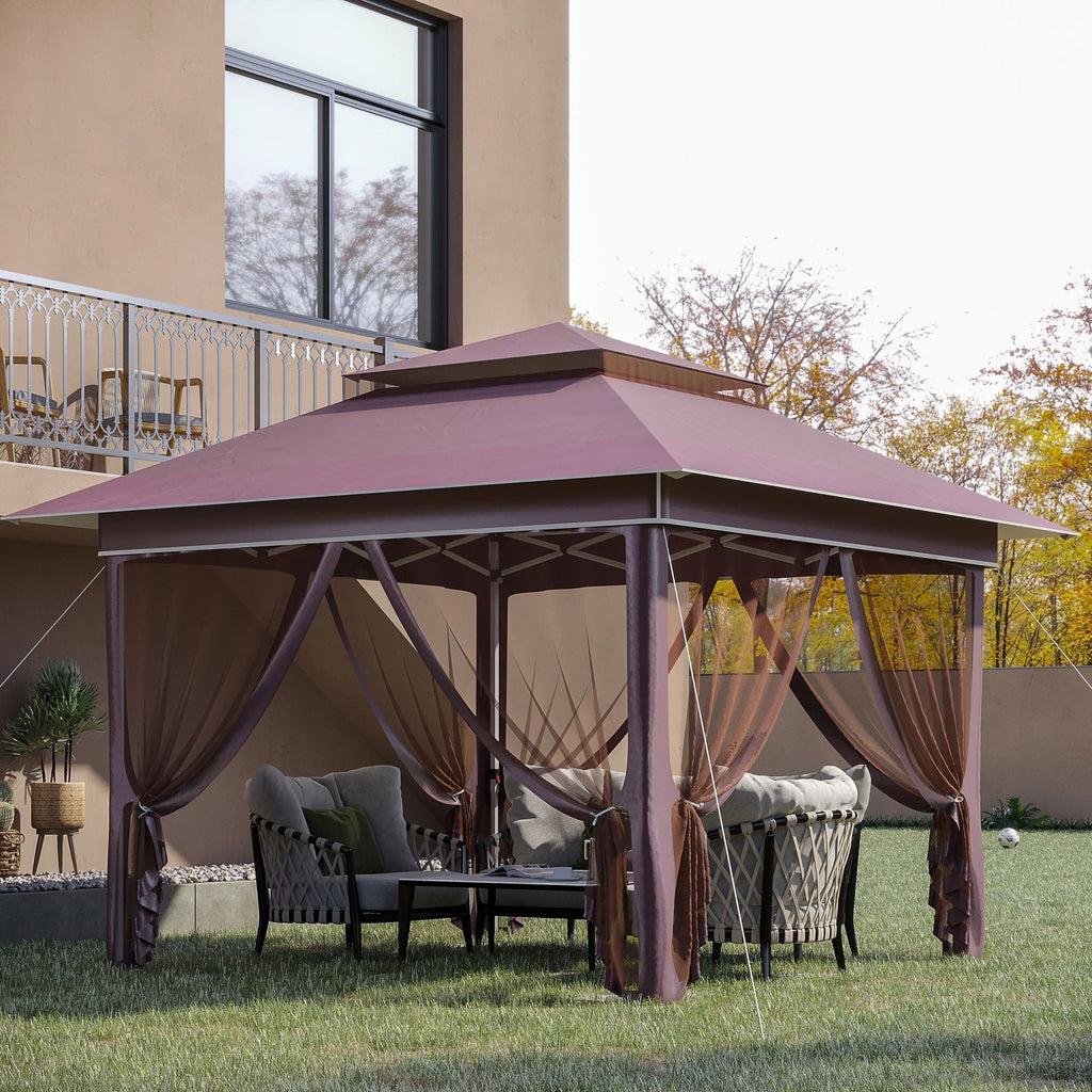 Outsunny 12 x 12 Tonnelle escamotable Pare-soleil Tente instantanée pliable avec filet latéral en maille, Hauteur réglable sur 3 niveaux