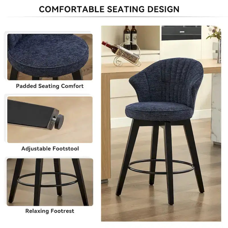 Lot de 2 tabourets de bar pivotants, chaises de salle à manger rembourrées avec large dossier, chaises de hauteur comptoir avec pieds en métal