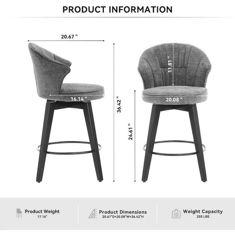 Lot de 2 tabourets de bar pivotants, chaises de salle à manger rembourrées avec large dossier, chaises de hauteur comptoir avec pieds en métal