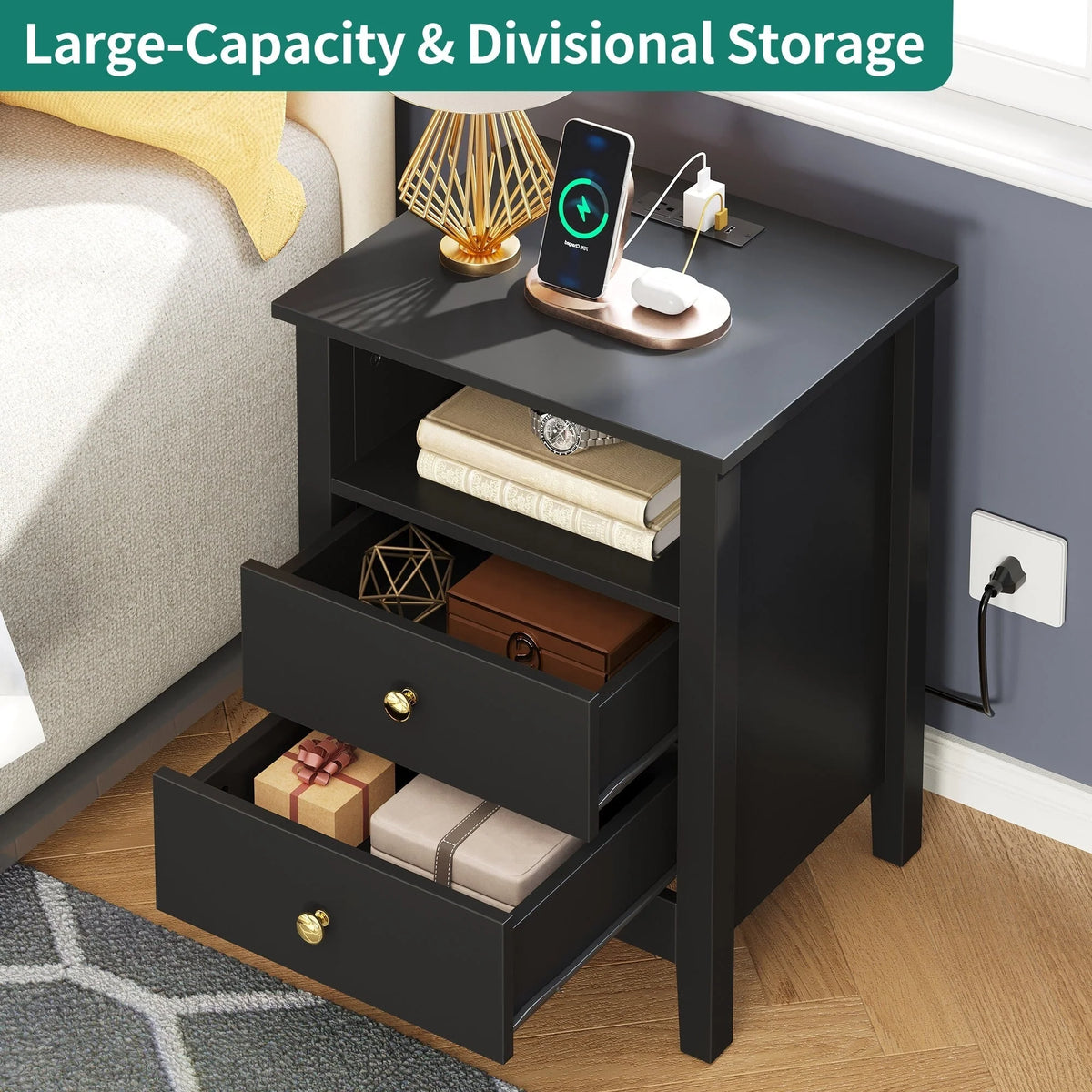 Tables de chevet (lot de 2) avec station de charge, table d'appoint avec 2 tiroirs, ports USB et prises, pour chambre à coucher