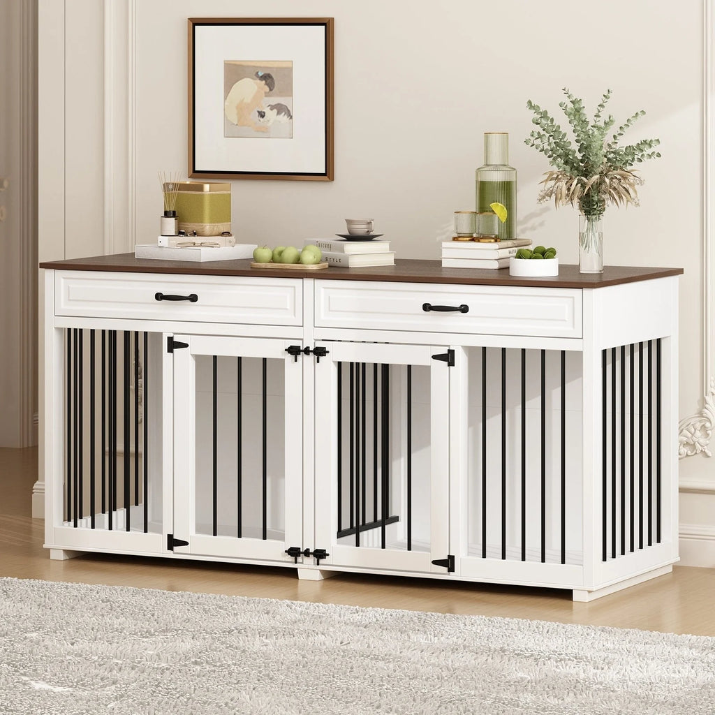 Meuble de chenil double en bois avec 2 tiroirs et séparateur