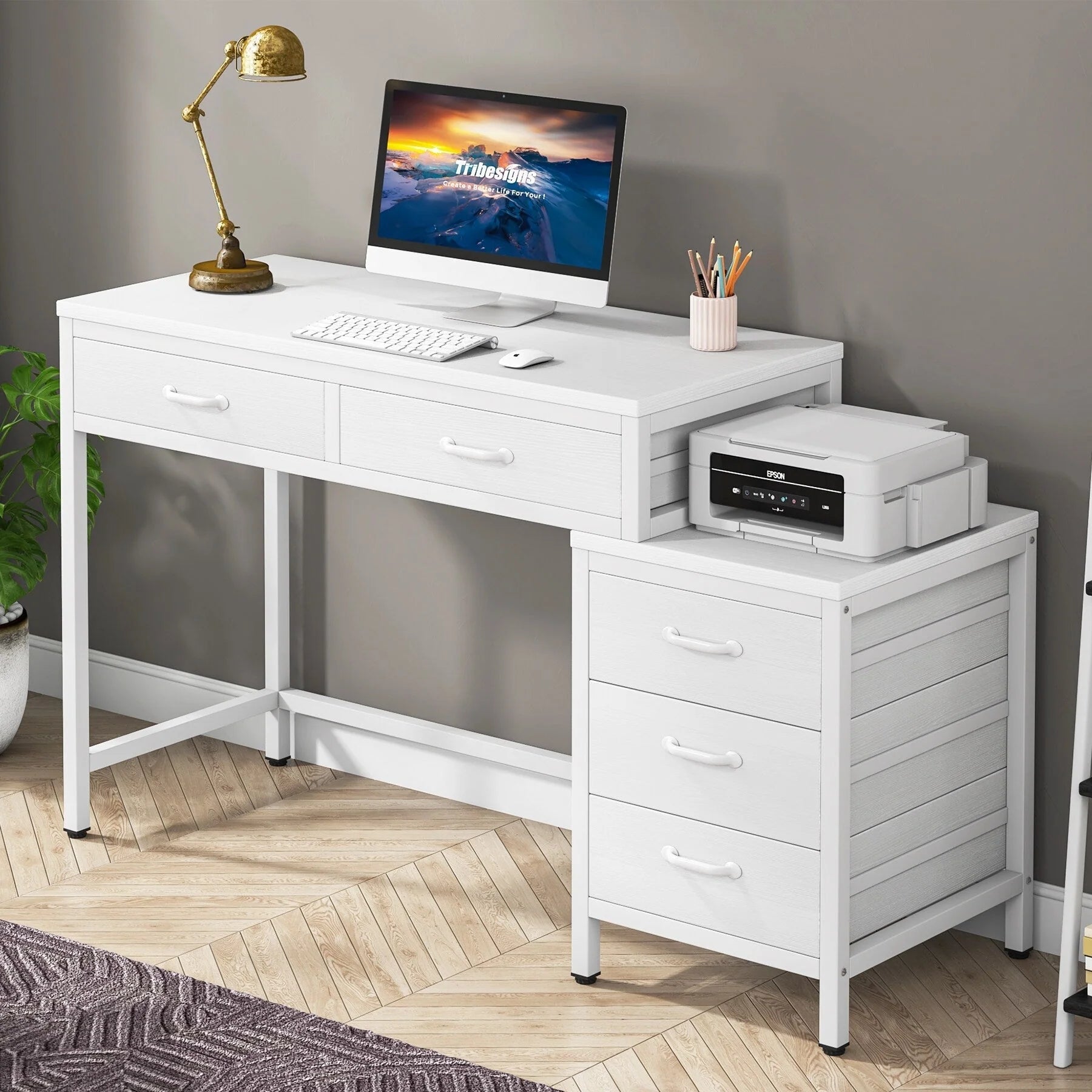 Bureau réversible avec 5 tiroirs, Bureau d'ordinateur de maison avec tiroir classeur et support d'imprimante