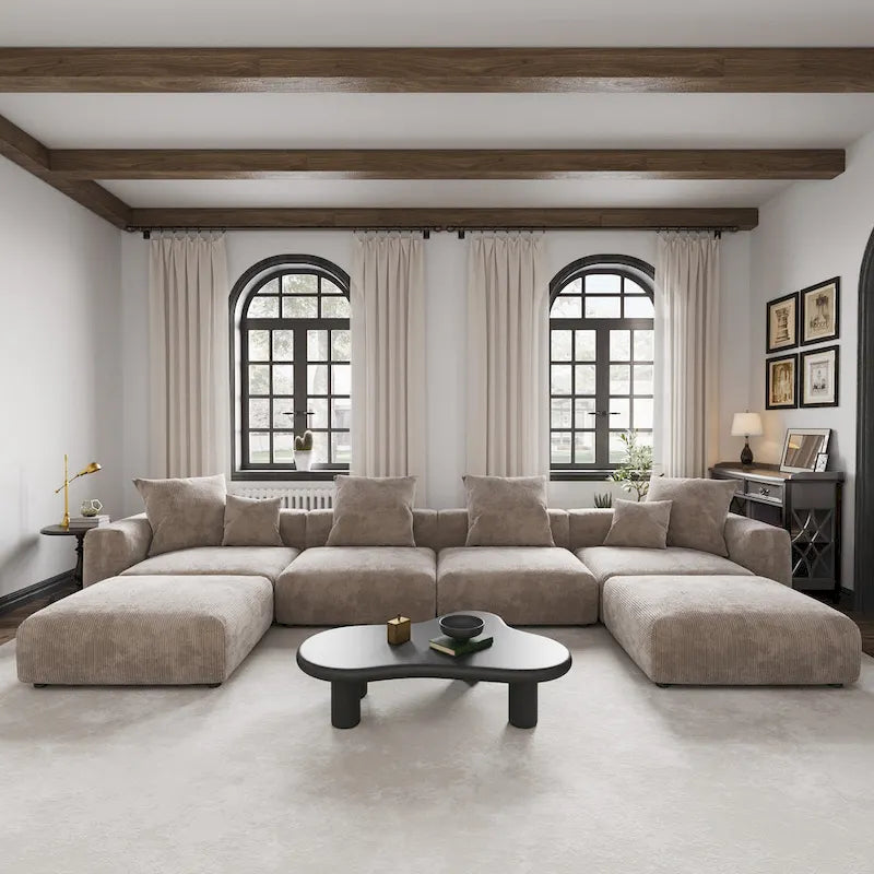 Grand canapé modulaire sectionnel en velours côtelé, en forme de U, 4 places avec 2 poufs et 5 oreillers