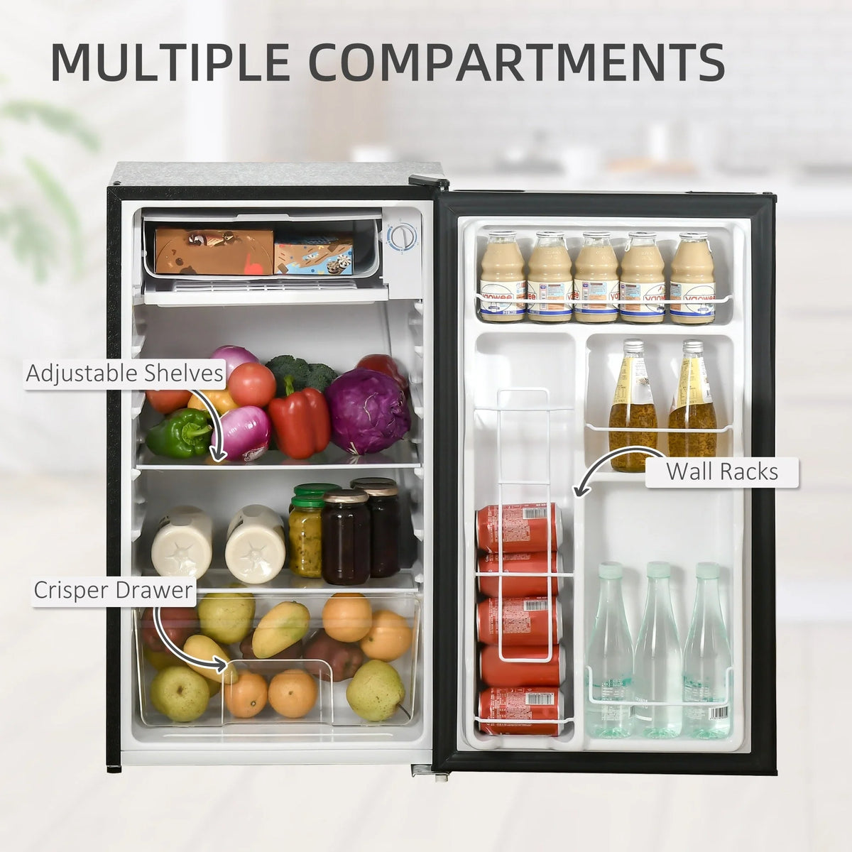 HOMCOM Mini-réfrigérateur de 90,6 L avec congélateur, Réfrigérateur compact à porte unique avec thermostat réglable pour chambre