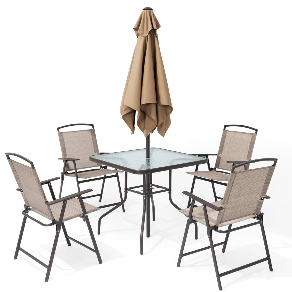 Ensemble de patio 6 pièces Pellebant avec table, parasol et 4 chaises pliantes – 22,4 L x 26,8 P x 34,4 H