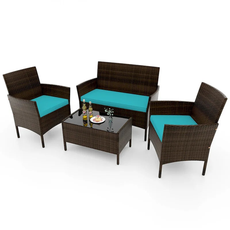 Costway Ensemble de Meubles de Jardin 4 Pièces avec Coussins Lavables et Verre Trempé - Voir les Détails