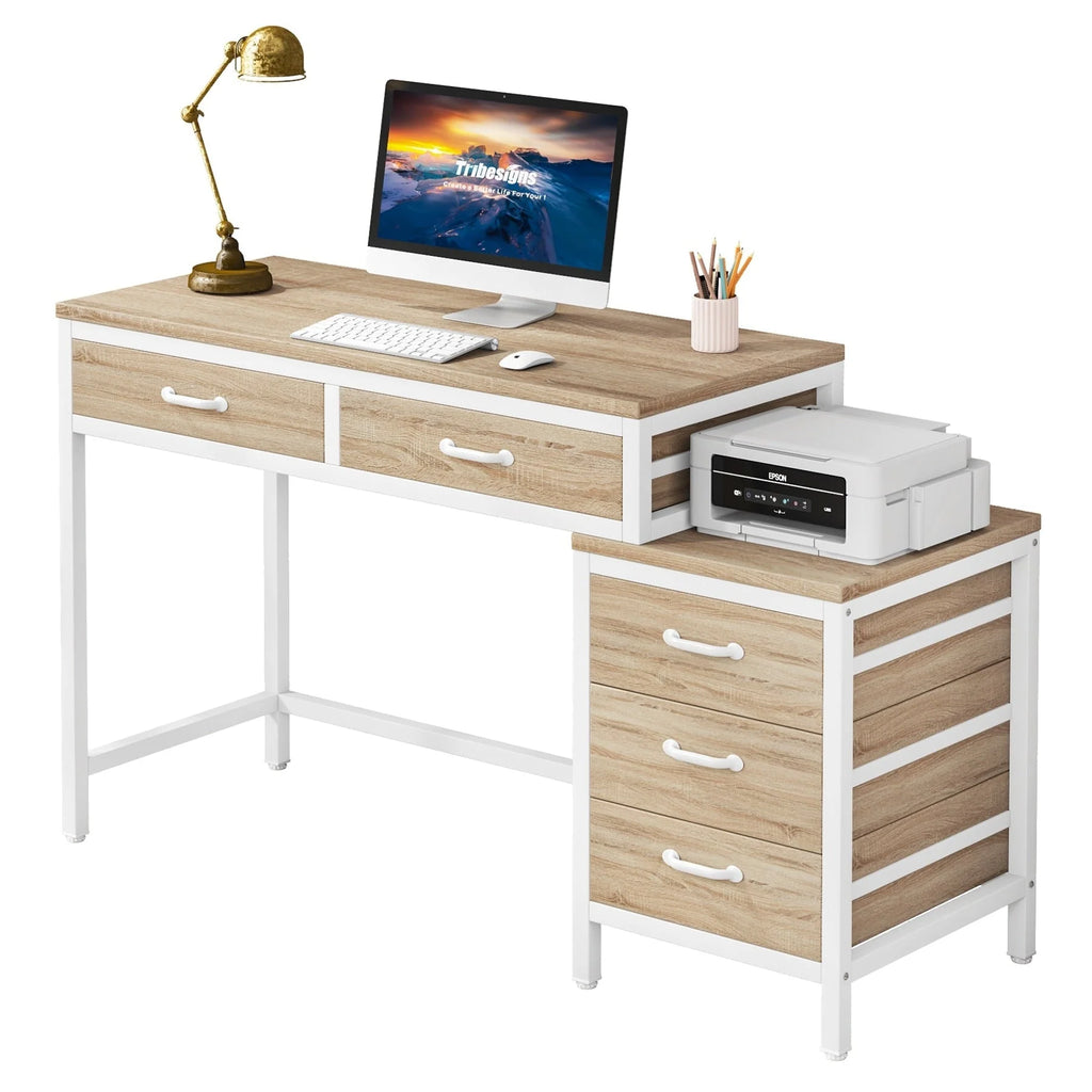 Bureau réversible avec 5 tiroirs, Bureau d'ordinateur de maison avec tiroir classeur et support d'imprimante