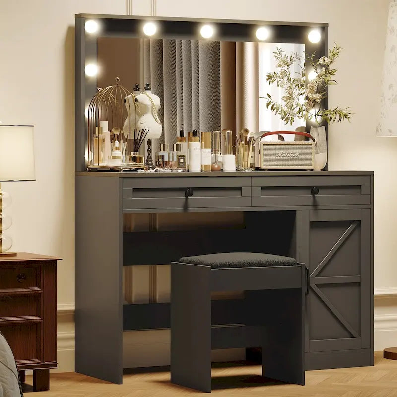 Coiffeuse de ferme Roomfitters avec lumières, coiffeuse avec porte coulissante, table de maquillage à 2 tiroirs avec miroir éclairé