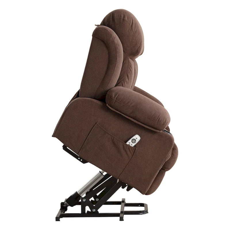 Fauteuil inclinable électrique gris avec massage chauffant, chargement USB, télécommande et poches latérales pratiques pour les personnes âgées