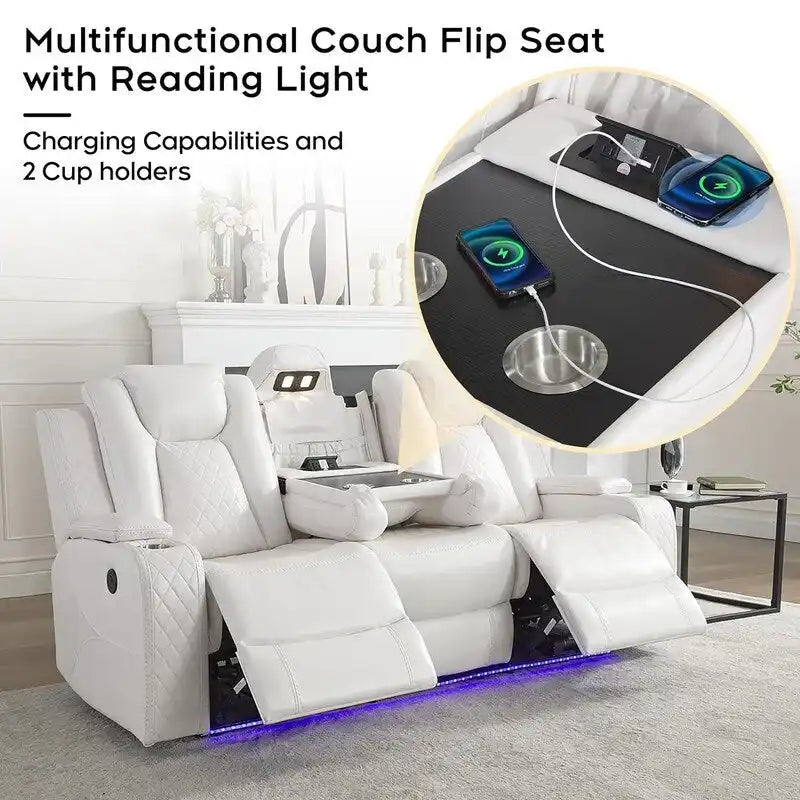 Canapé inclinable électrique avec chargeur sans fil, liseuse pour salon, lumière LED en similicuir, port AC/USB, porte-gobelet, noir