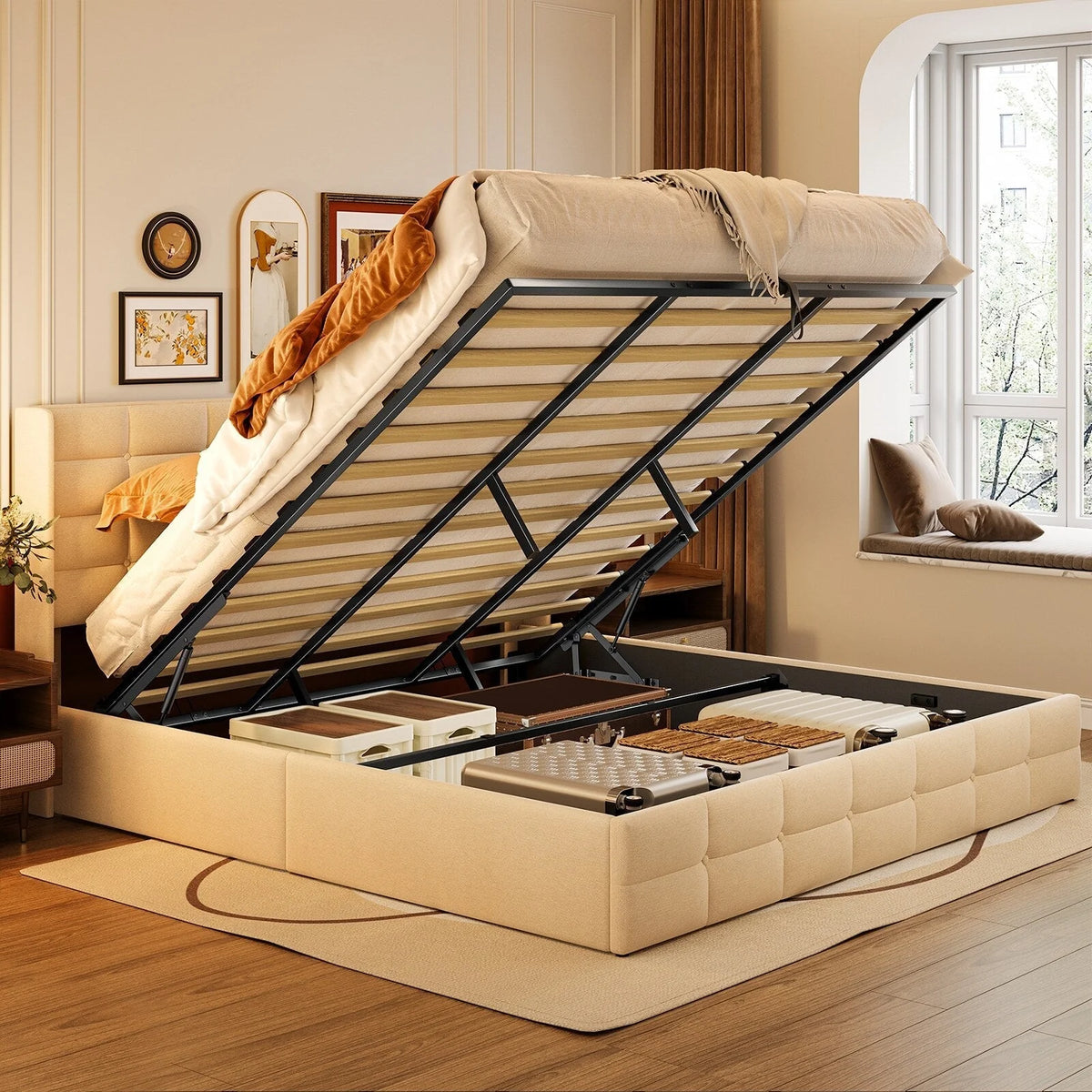 Cadre de lit relevable, sommier tapissier avec système de rangement hydraulique et tête de lit