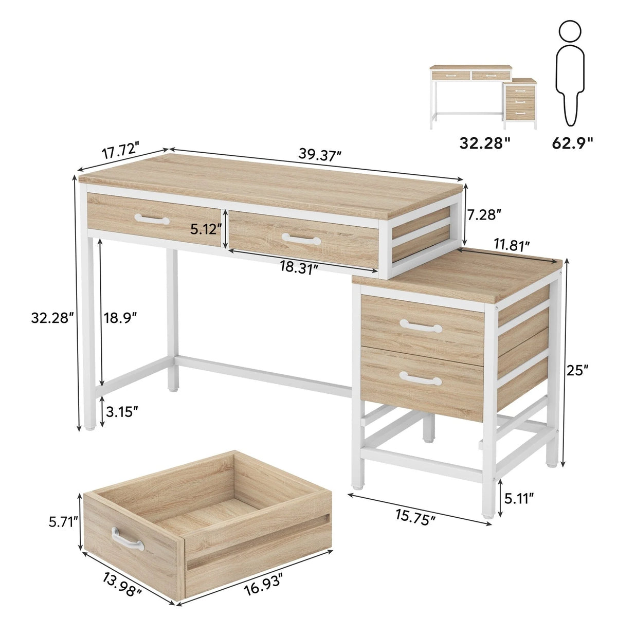 Bureau réversible avec 5 tiroirs, Bureau d'ordinateur de maison avec tiroir classeur et support d'imprimante