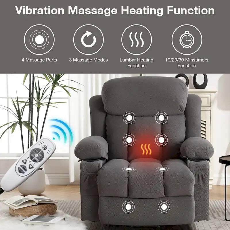 Fauteuil inclinable électrique gris avec massage chauffant, chargement USB, télécommande et poches latérales pratiques pour les personnes âgées
