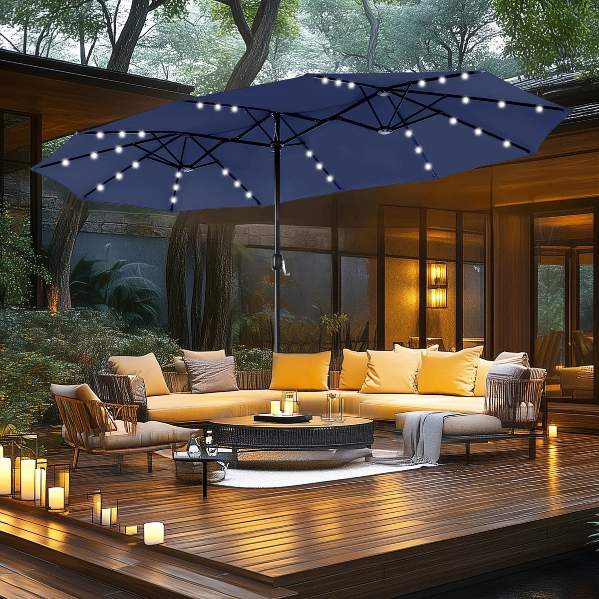 MAISON ARTS Parasol excentré rectangulaire de 4,5 m avec manivelle, parasol de marché double face d'extérieur avec lumières LED solaires et base incluse