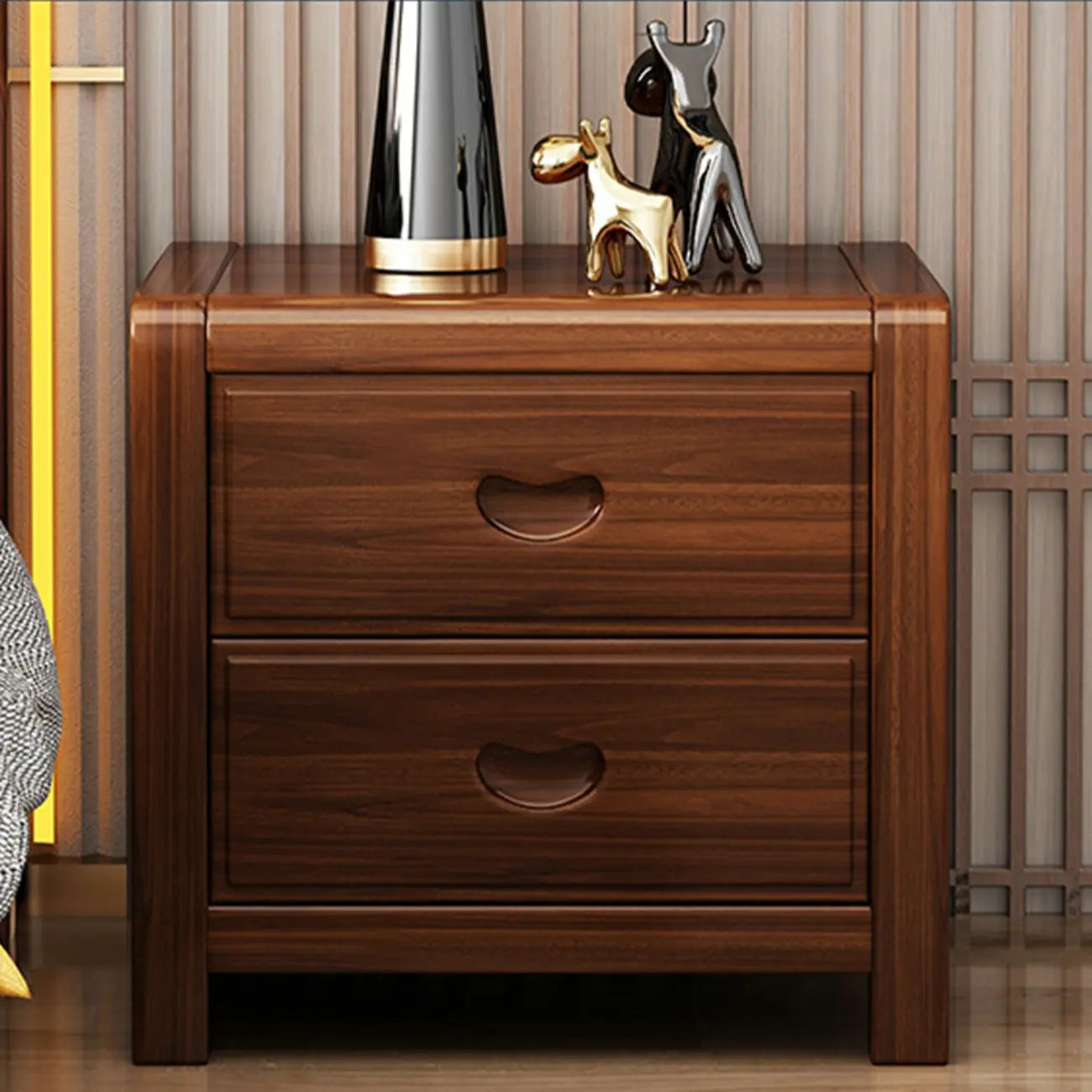 Petite Table de Chevet en Bois Marron Noyer Traditionnel à 2 Tiroirs
