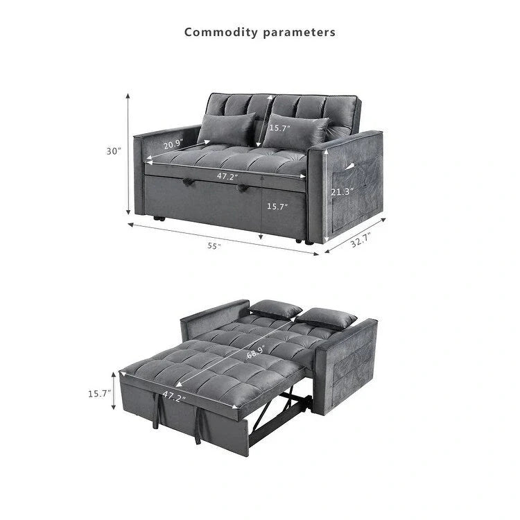 Causeuse futon moderne en velours avec dossier inclinable et poches, 2 places — Gris foncé / Gris clair / Bleu / Noir