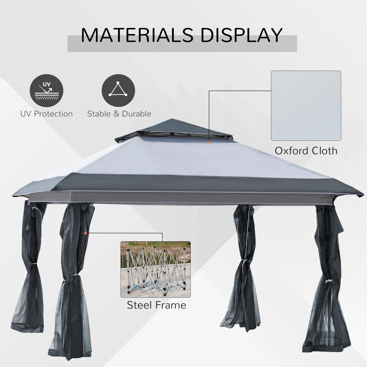 Outsunny 12 x 12 Tonnelle escamotable Pare-soleil Tente instantanée pliable avec filet latéral en maille, Hauteur réglable sur 3 niveaux