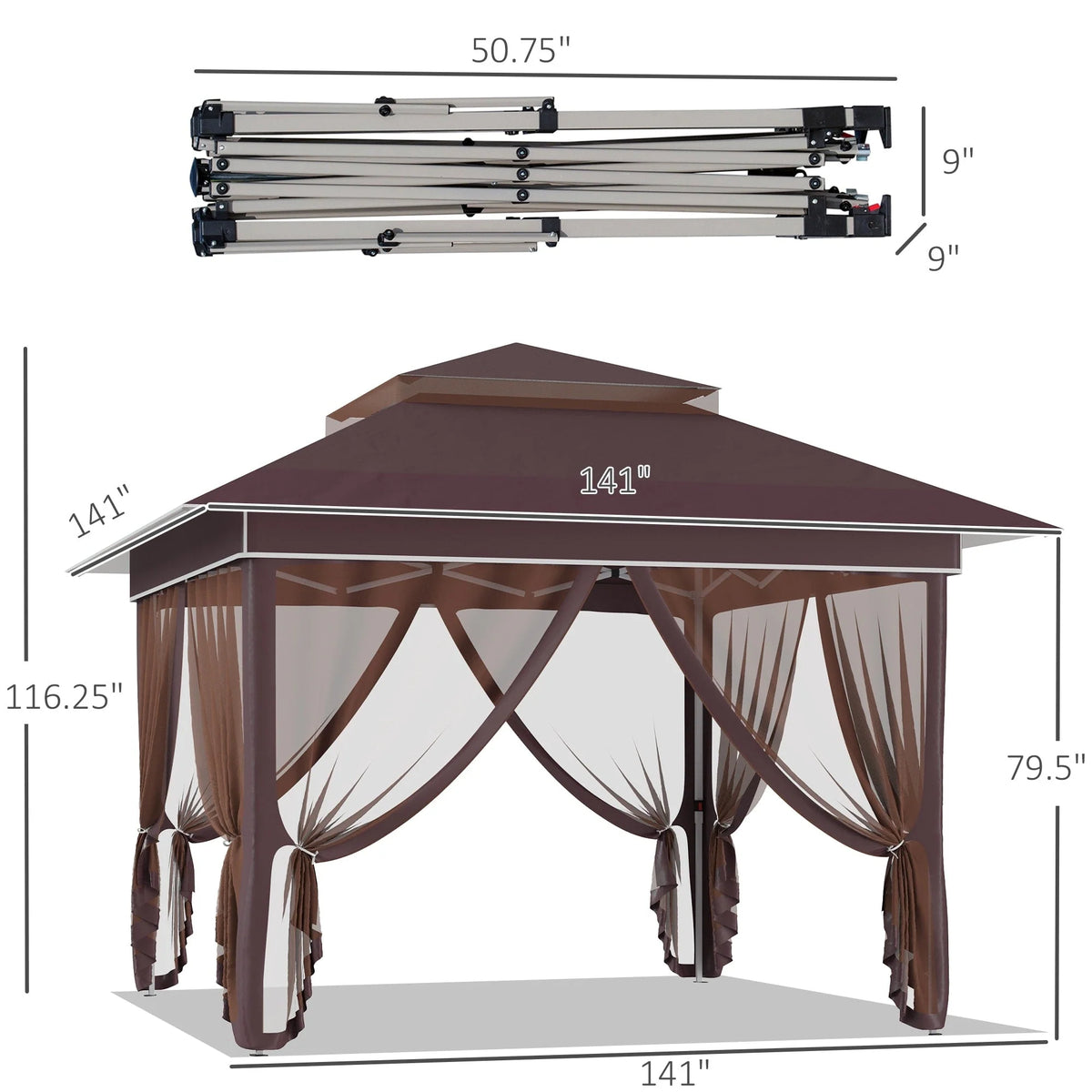 Outsunny 12 x 12 Tonnelle escamotable Pare-soleil Tente instantanée pliable avec filet latéral en maille, Hauteur réglable sur 3 niveaux