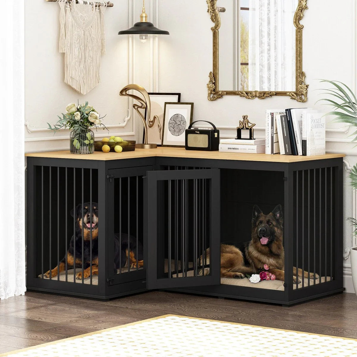 Grand meuble de caisse d'angle pour 2 chiens, cage pour chien en forme de L - 58,7X41,1