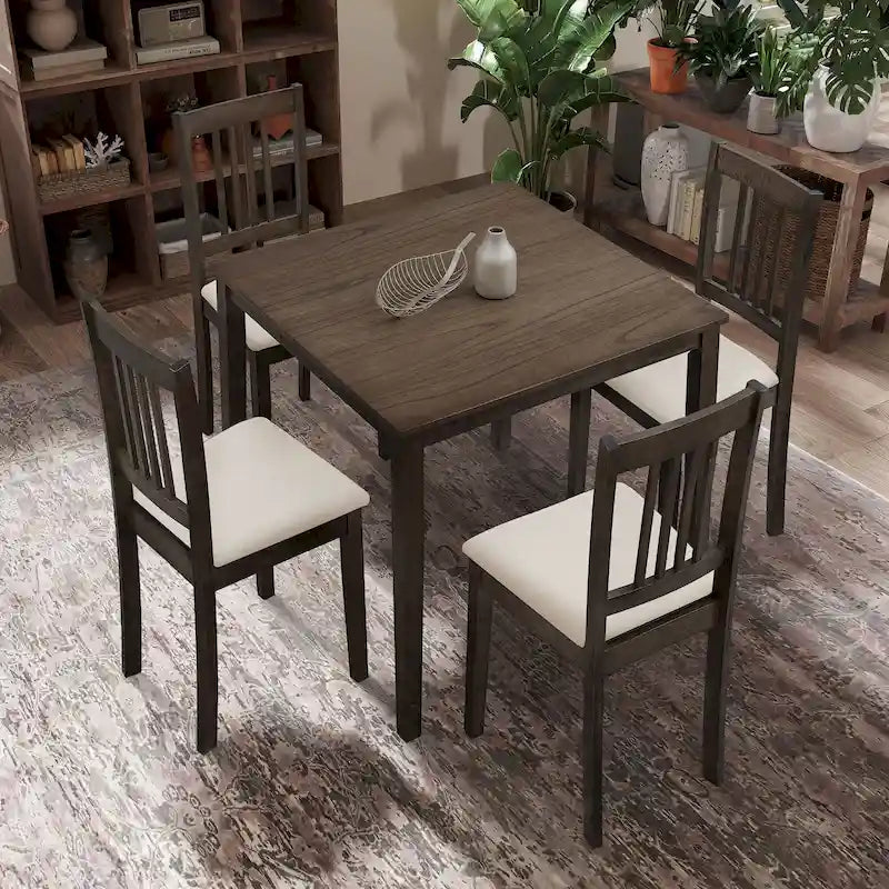 Ensemble Table et Chaises de Salle à Manger Carrée en Bois, Table à Manger Décontractée avec 4 Chaises de Salle à Manger Rembourrées pour Coin Repas de Cuisine