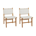 Chaises de salle à manger tressées faites à la main en cuir avec cadre en bois de teck - Lot de 2 Marron, Blanc ou Noir - Roche River Decor