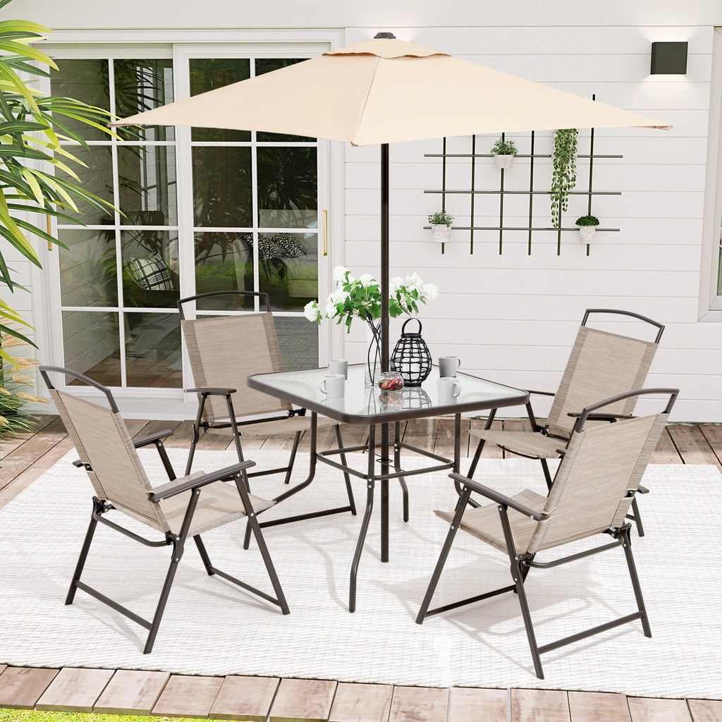 Ensemble de patio 6 pièces Pellebant avec table, parasol et 4 chaises pliantes – 22,4 L x 26,8 P x 34,4 H