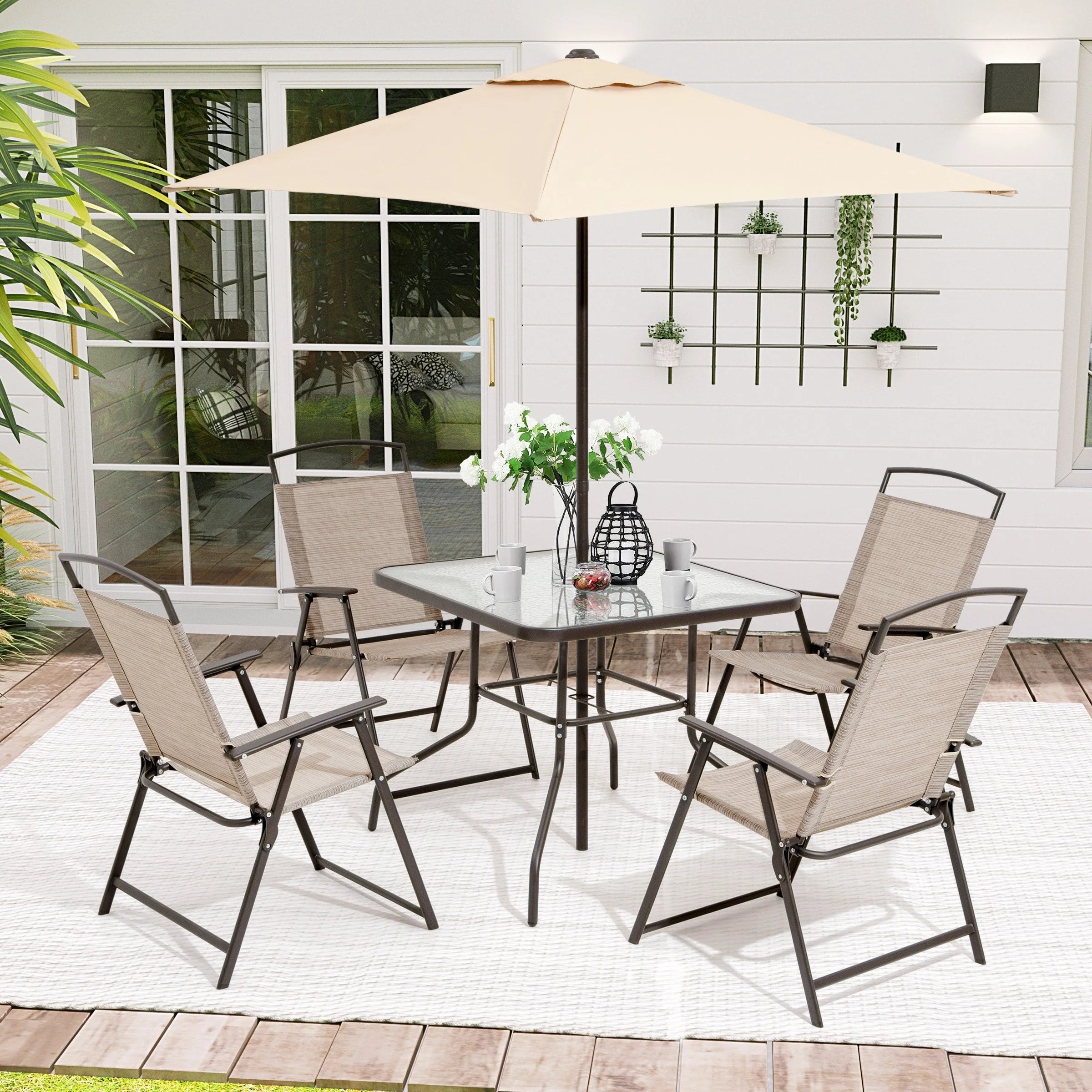 Ensemble de patio 6 pièces Pellebant avec table, parasol et 4 chaises pliantes – 22,4 L x 26,8 P x 34,4 H