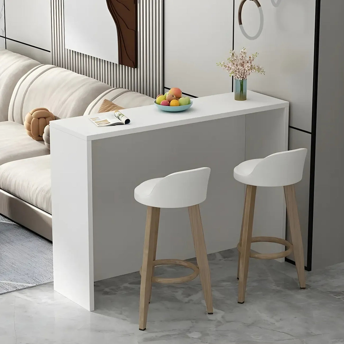 Table de bar longue rectangulaire blanche en bois pour salon