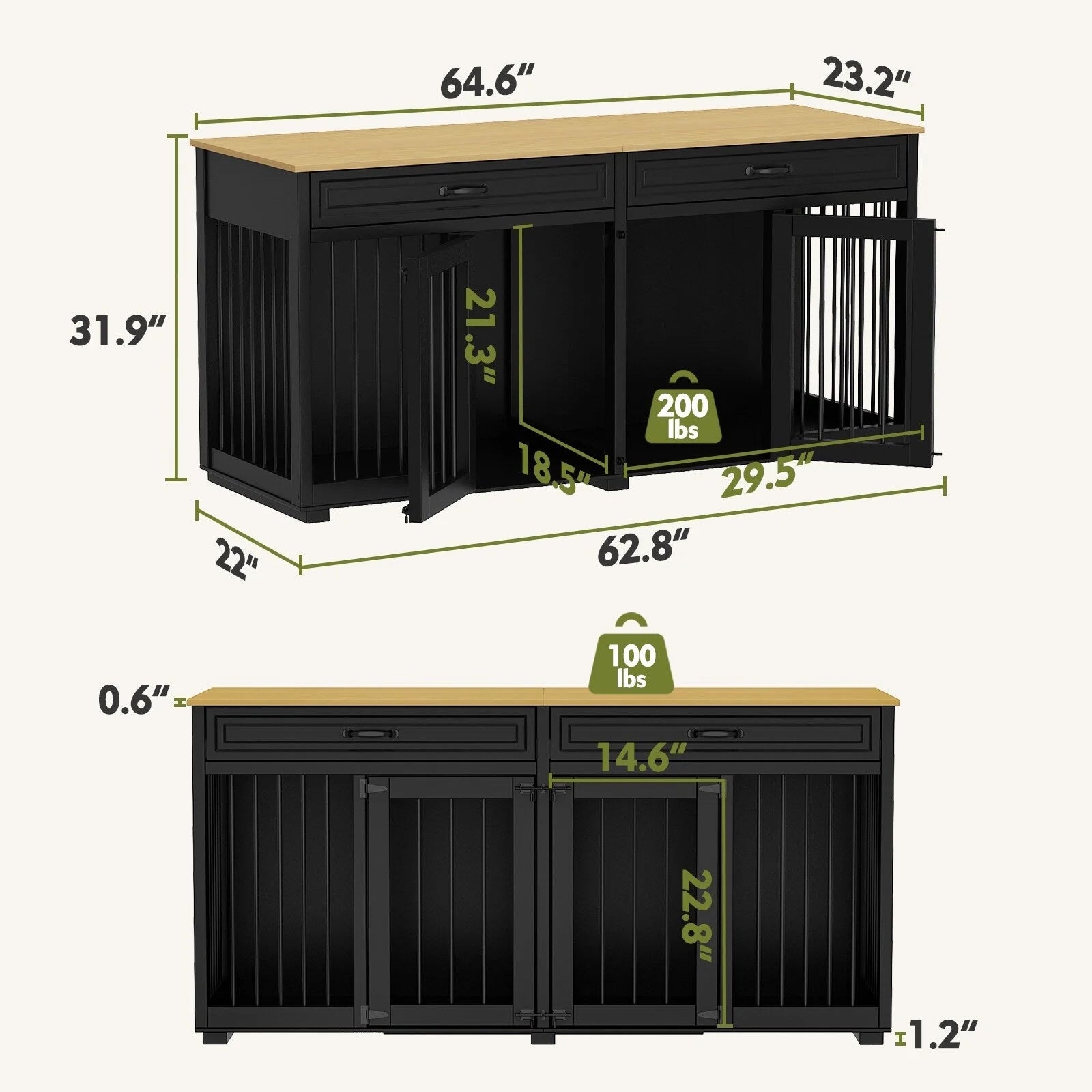 Meuble de chenil double en bois avec 2 tiroirs et séparateur
