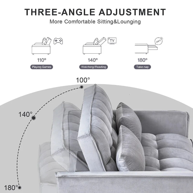 Causeuse futon moderne en velours avec dossier inclinable et poches, 2 places — Gris foncé / Gris clair / Bleu / Noir