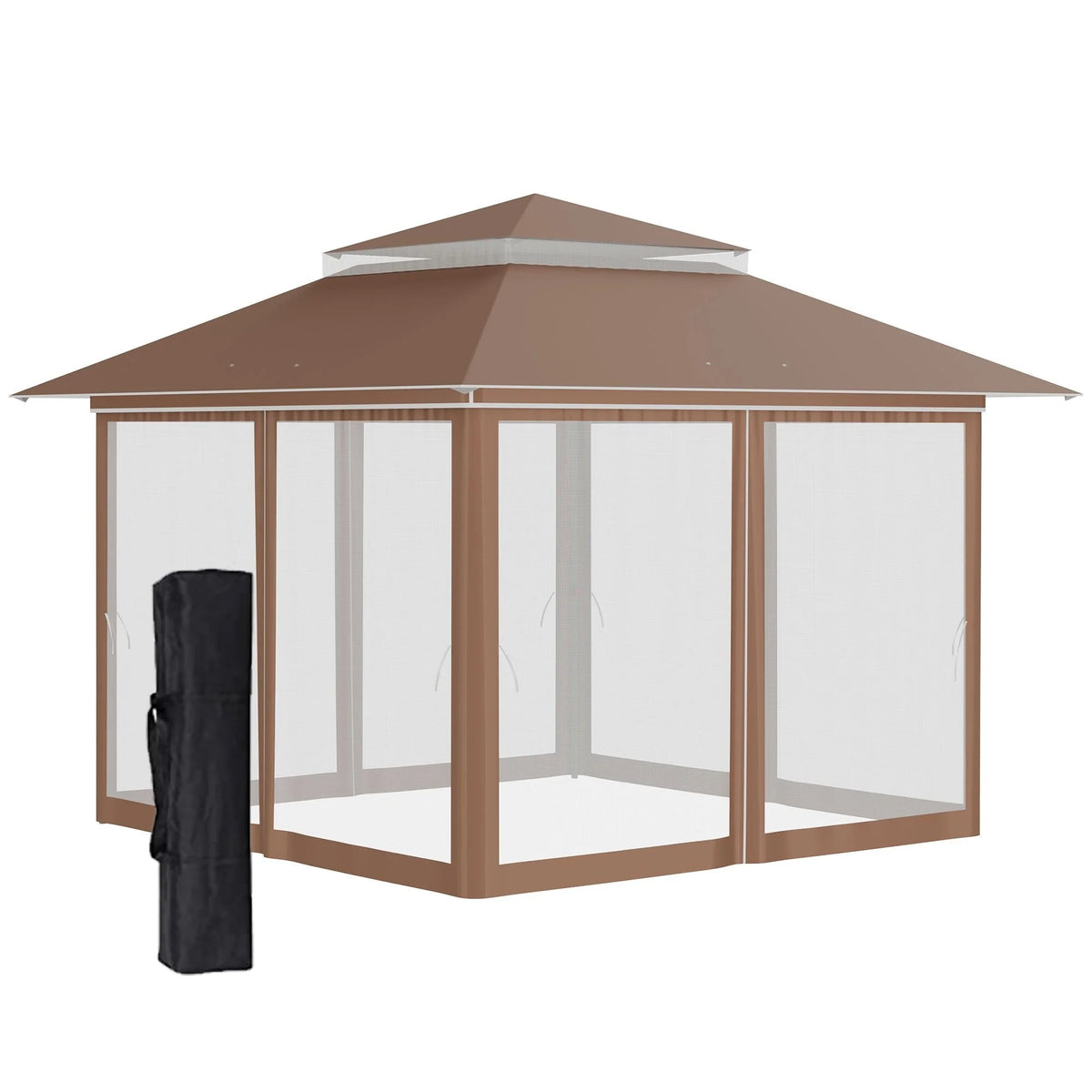 Outsunny 12 x 12 Tonnelle escamotable Pare-soleil Tente instantanée pliable avec filet latéral en maille, Hauteur réglable sur 3 niveaux