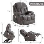 Fauteuil inclinable électrique gris avec massage chauffant, chargement USB, télécommande et poches latérales pratiques pour les personnes âgées