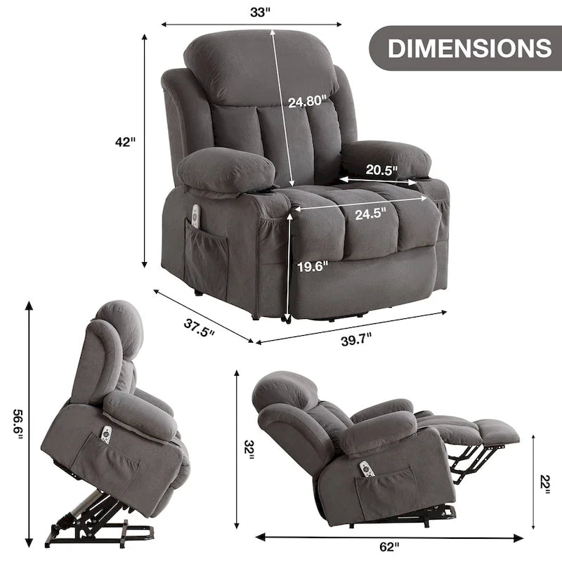 Fauteuil inclinable électrique gris avec massage chauffant, chargement USB, télécommande et poches latérales pratiques pour les personnes âgées