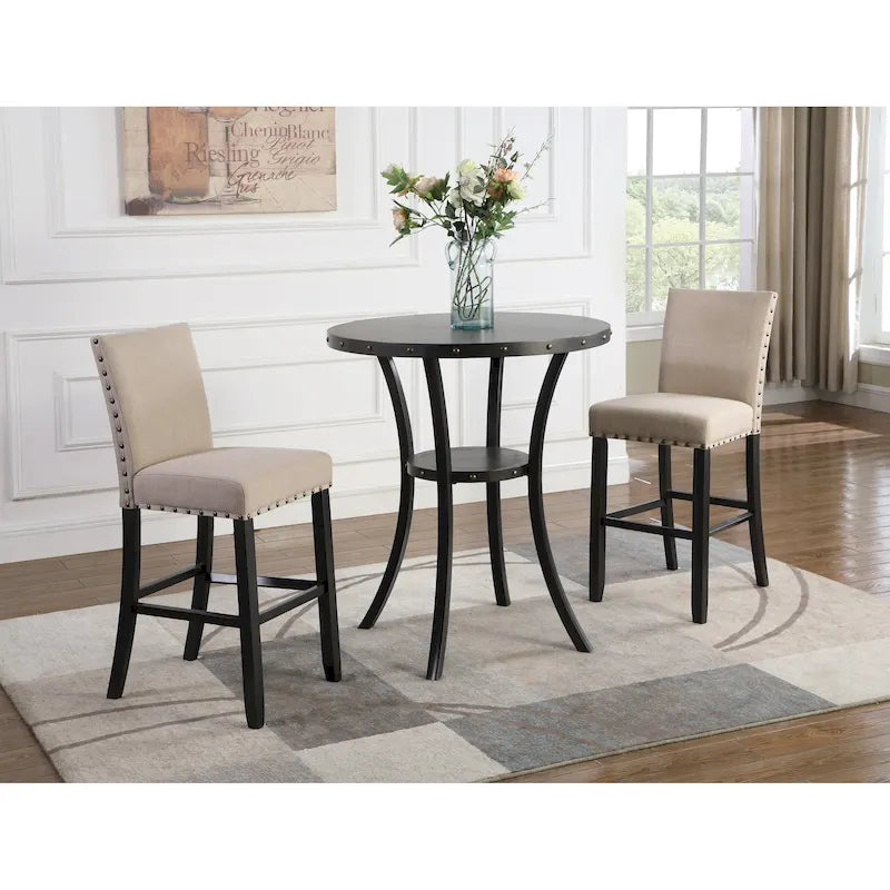 Ensemble de salle à manger moderne 3 pièces avec table de bar ronde et 2 chaises de pub cloutées