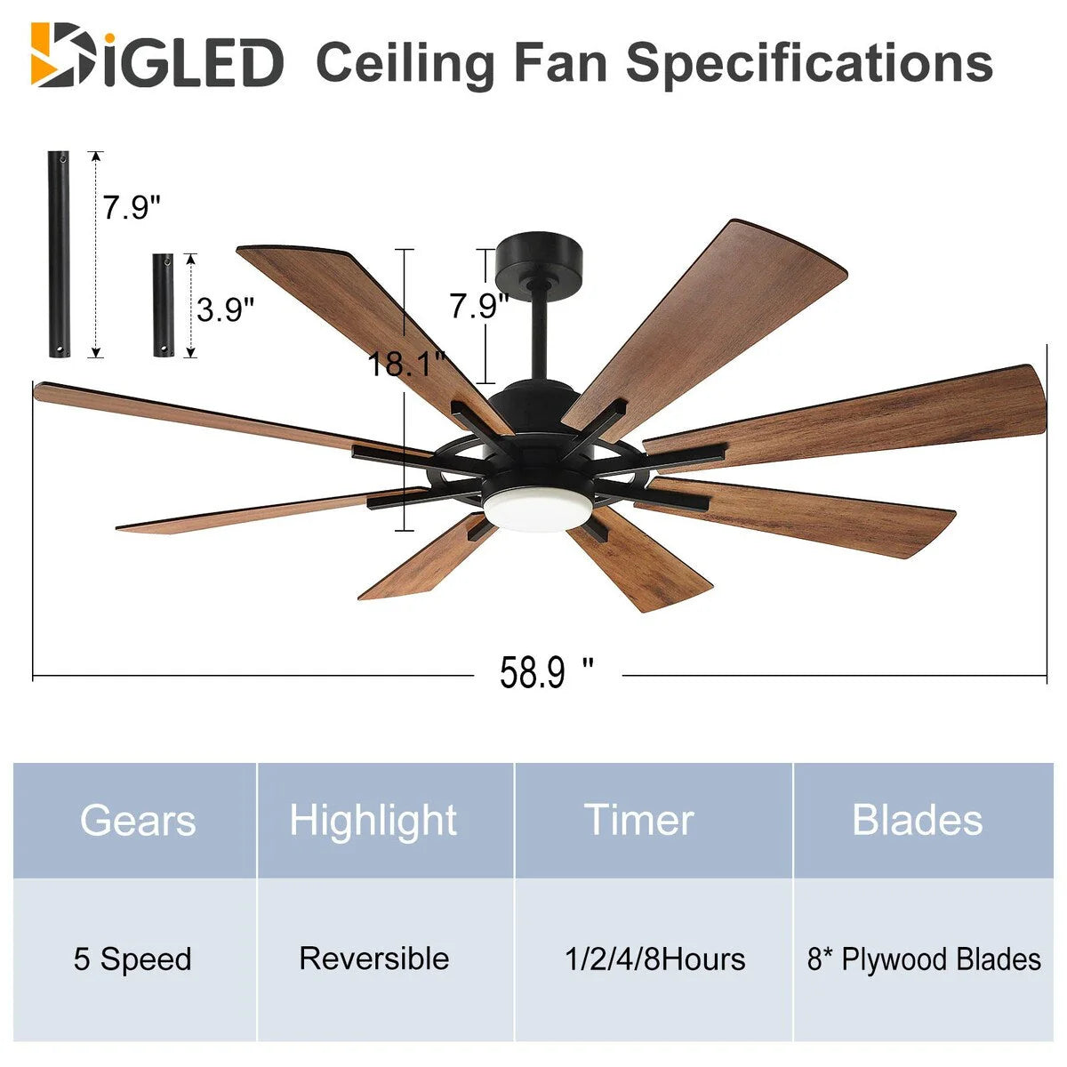 Ventilateur de plafond télécommandé avec lumières, grandes 8 pales en bois