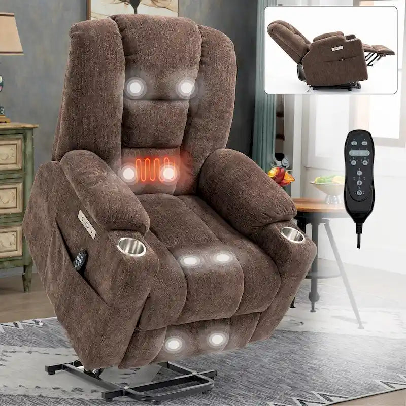 Fauteuil inclinable Power Lift avec massage et chaleur, fauteuils inclinables larges et rembourrés Lazy Boy avec ports USB, Type C et 2 porte-gobelets en acier