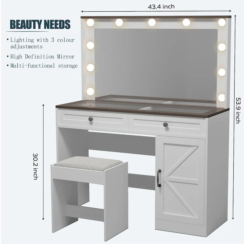Coiffeuse de ferme Roomfitters avec lumières, coiffeuse avec porte coulissante, table de maquillage à 2 tiroirs avec miroir éclairé