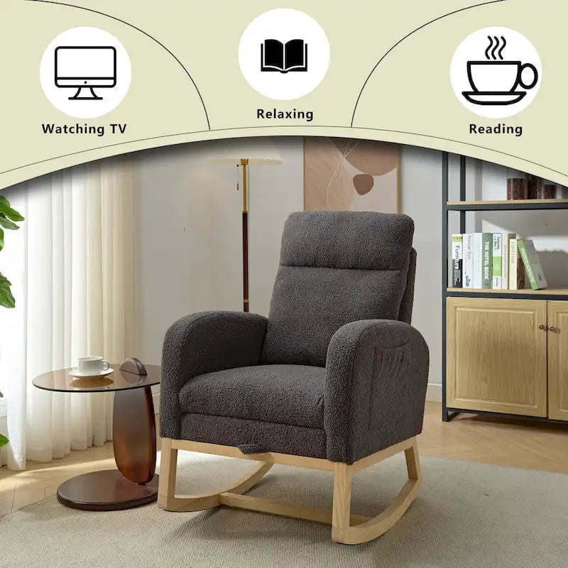 Fauteuil à bascule rembourré moderne de 75 cm de hauteur avec dossier haut, pieds en bois massif et repose-pieds réglable