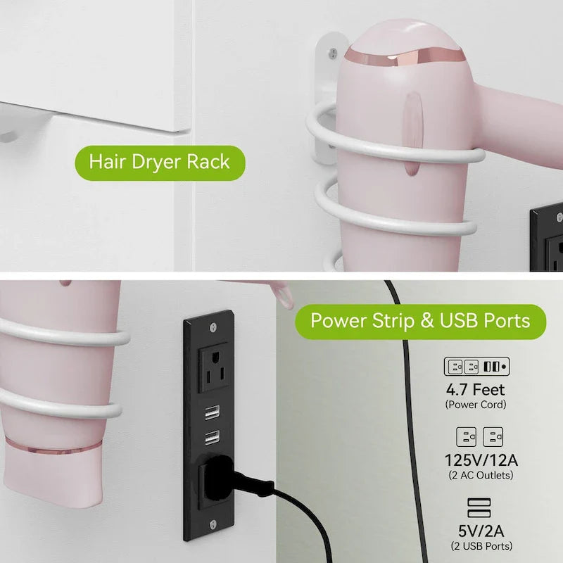 Moasis 46 Coiffeuse avec prise intégrée, miroir éclairé et support pour sèche-cheveux – 55,8 H x 46 L x 11,7 P