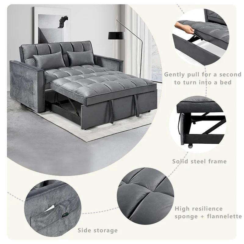 Causeuse futon moderne en velours avec dossier inclinable et poches, 2 places — Gris foncé / Gris clair / Bleu / Noir