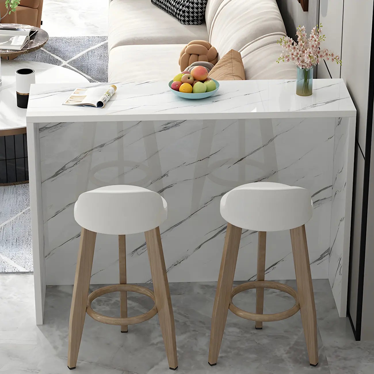 Table de bar longue rectangulaire blanche en bois pour salon