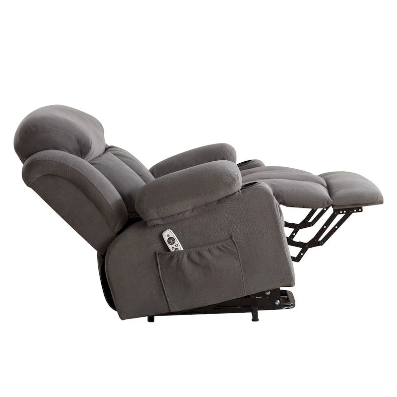 Fauteuil inclinable électrique gris avec massage chauffant, chargement USB, télécommande et poches latérales pratiques pour les personnes âgées