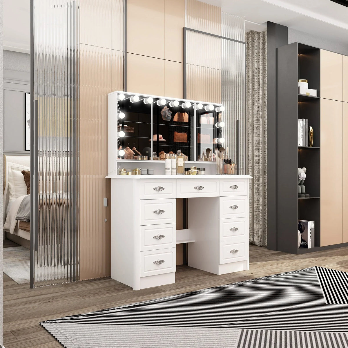Coiffeuse moderne blanche avec miroir pliable éclairage réglable - 102,1 x 137,4 cm