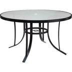 Ensemble de salle à manger Hanover Lavallette 5 pièces bleu océan avec 4 chaises fixes, une table ronde en verre de 52 pouces, un parasol et une base