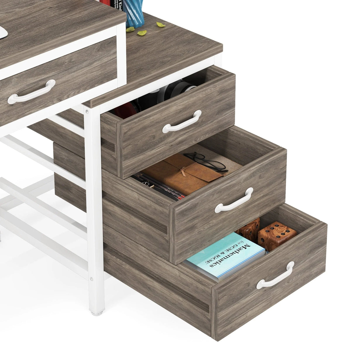 Bureau réversible avec 5 tiroirs, Bureau d'ordinateur de maison avec tiroir classeur et support d'imprimante