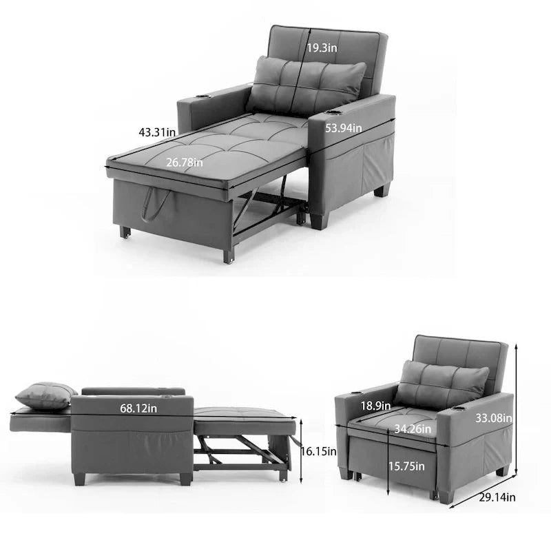 Fauteuil Lit Futon Convertible Fauteuil 3-en-1 Fauteuils Lits avec Ports USB