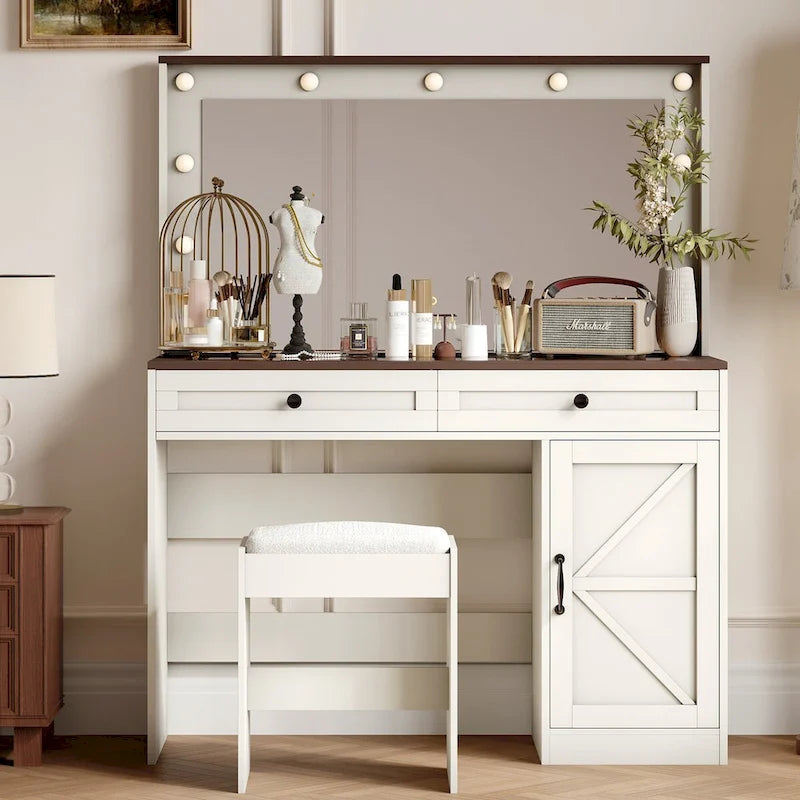 Coiffeuse de ferme Roomfitters avec lumières, coiffeuse avec porte coulissante, table de maquillage à 2 tiroirs avec miroir éclairé
